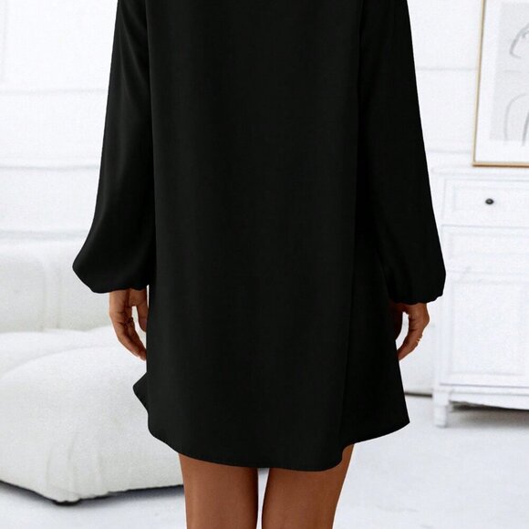 Black Casual Women's Button Front Lantern Sleeve Dress - Picture 4 of 7